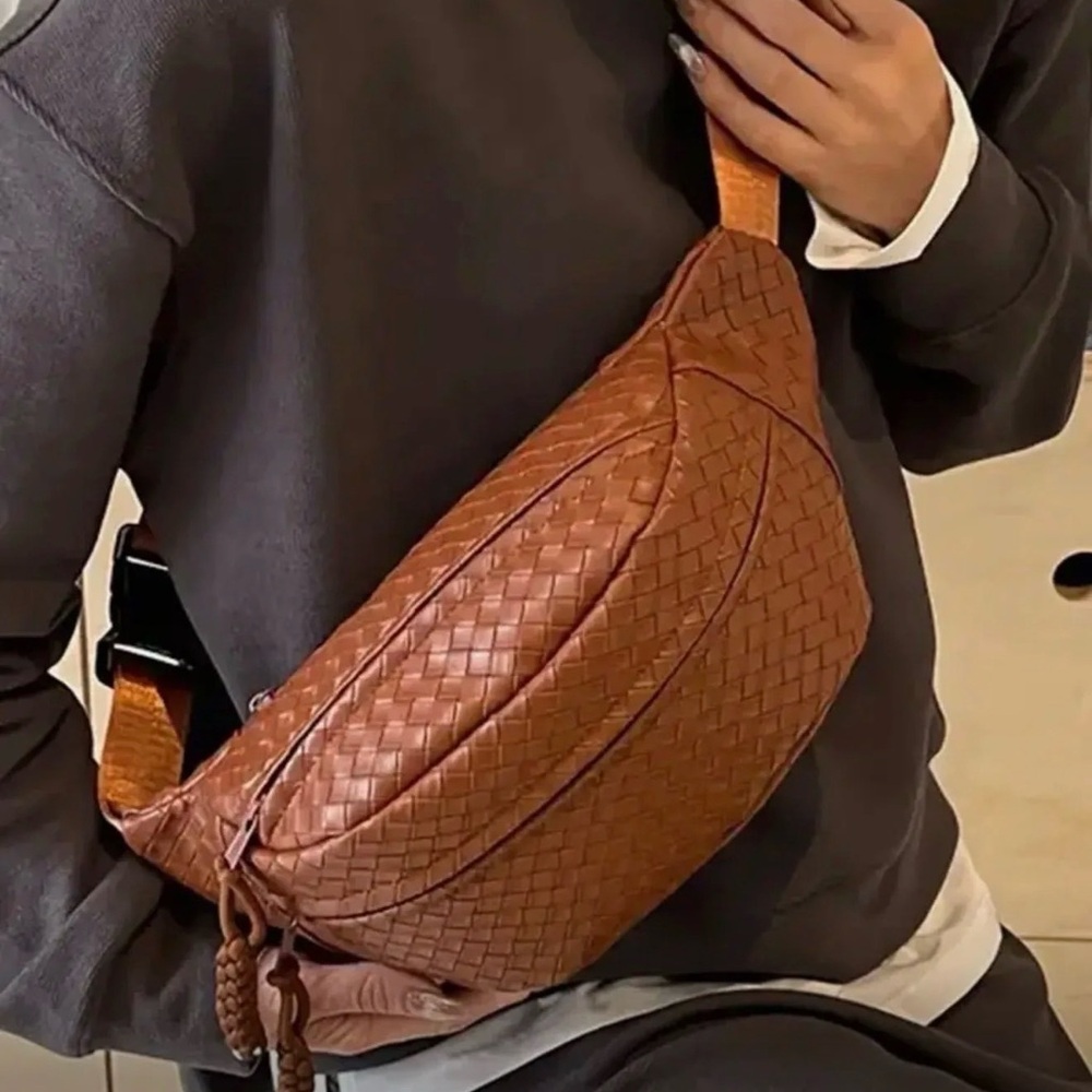 Brown Woven Leather Men’s Sling Bag